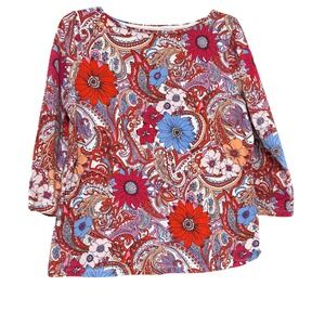 Talbots 3/4 Sleeve Floral Paisley Knit Top T Shirt Tee Sz L Artsy Art Deco